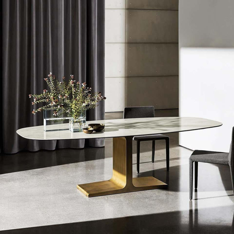 Royal, Dining Table Marquina Ceramic Top on Brass Base