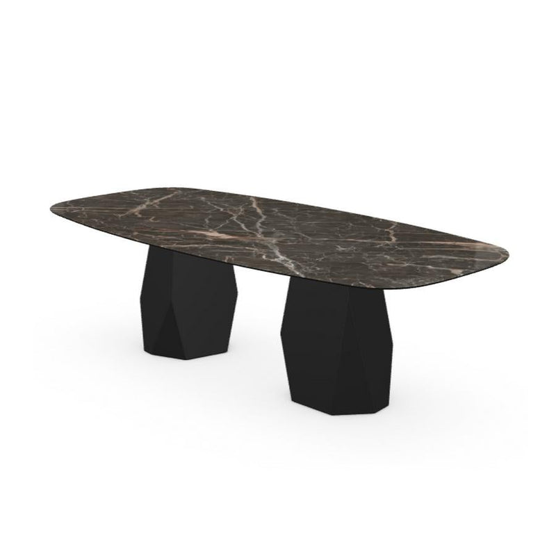 Menhir Two Bases, Dining Table with Emperador Ceramic Top on Black Metal Base