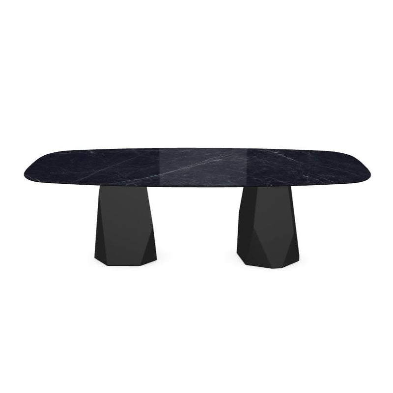 Menhir Two Bases, Dining Table Black Marquina Ceramic Top on Black Metal Base