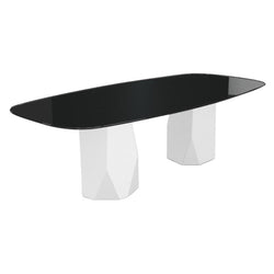 Menhir Two Bases, Dining Table with Black Glass Top on Metal Base