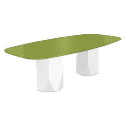 Menhir Two Bases, Dining Table with Green Glass Top on Metal Base