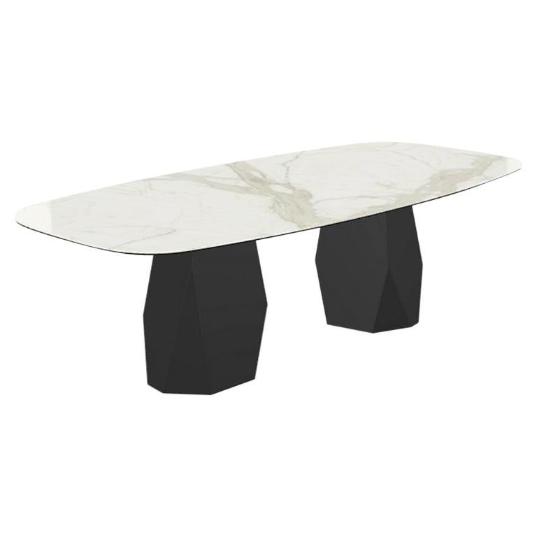 Menhir Two Bases, Dining Table with Calacatta Ceramic Top on Black Metal Base