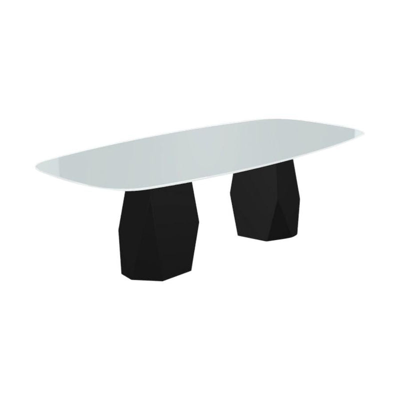 Menhir Two Bases, Dining Table with White Glass Top on Black Metal Base