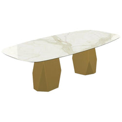 Menhir Two Bases, Dining Table with Calacatta Ceramic Top on Brass Base