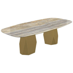 Menhir Two Bases, Dining Table with Emperador Ceramic Top on Brass Base