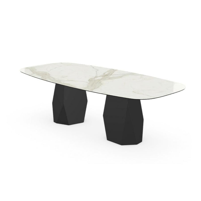 Menhir Two Bases, Dining Table with Calacatta Ceramic Top on Black Metal Base