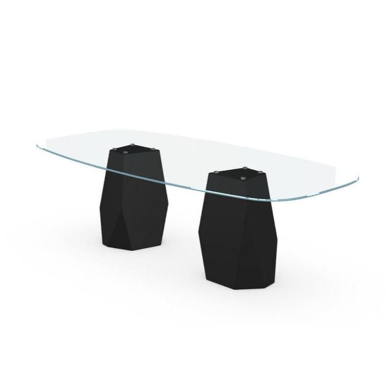 Menhir Two Bases, Dining Table with Clear Glass Top on Black Metal Base