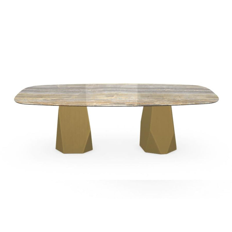 Menhir Two Bases, Dining Table with Emperador Ceramic Top on Brass Base
