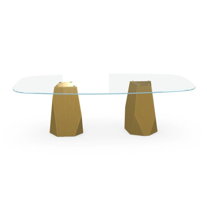 Menhir Two Bases, Dining Table with Clear Glass Top on Brass Base