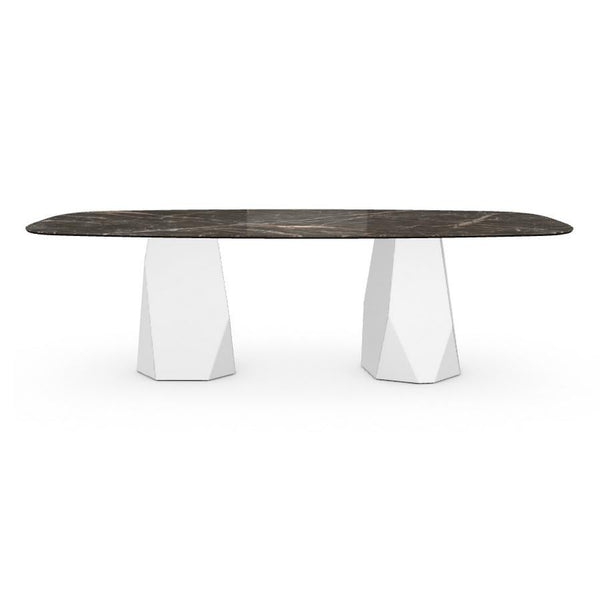 Menhir Two Bases, Dining Table with Emperador Ceramic Top on Metal Base