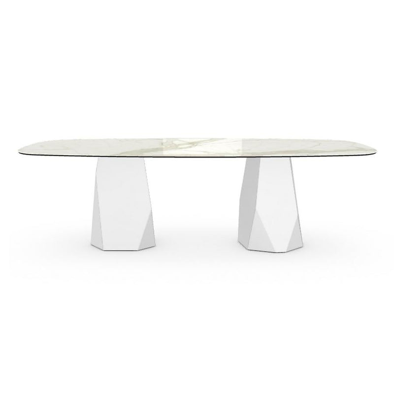Menhir Two Bases, Dining Table with Calacatta Ceramic Top on Metal Base