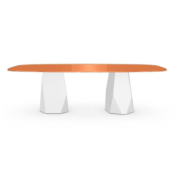 Menhir Two Bases, Dining Table with Orange Glass Top on Metal Base