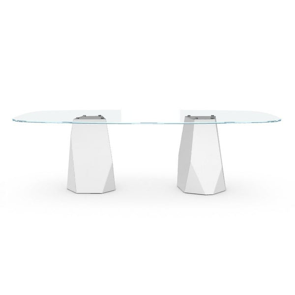 Menhir Two Bases, Dining Table with Clear Glass Top on Metal Base