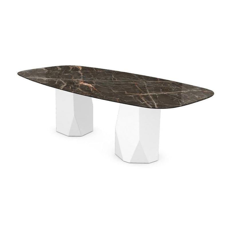 Menhir Two Bases, Dining Table with Emperador Ceramic Top on Metal Base