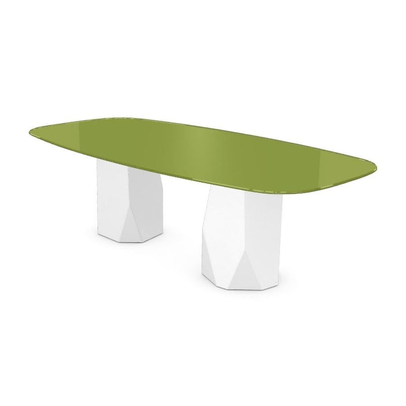 Menhir Two Bases, Dining Table with Green Glass Top on Metal Base