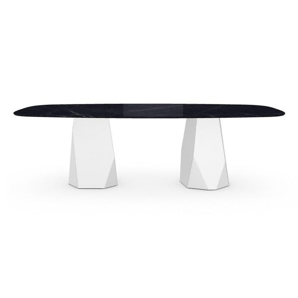 Menhir Two Bases, Dining Table with Black Marquina Ceramic Top on Metal Base