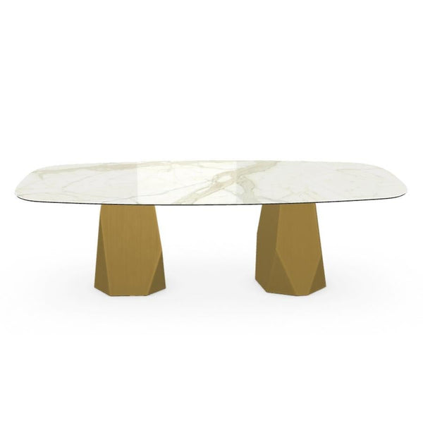 Menhir Two Bases, Dining Table with Calacatta Ceramic Top on Brass Base