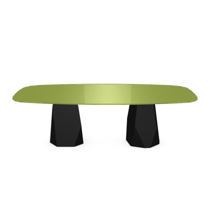 Menhir Two Bases, Dining Table with Green Glass Top on Black Metal Base