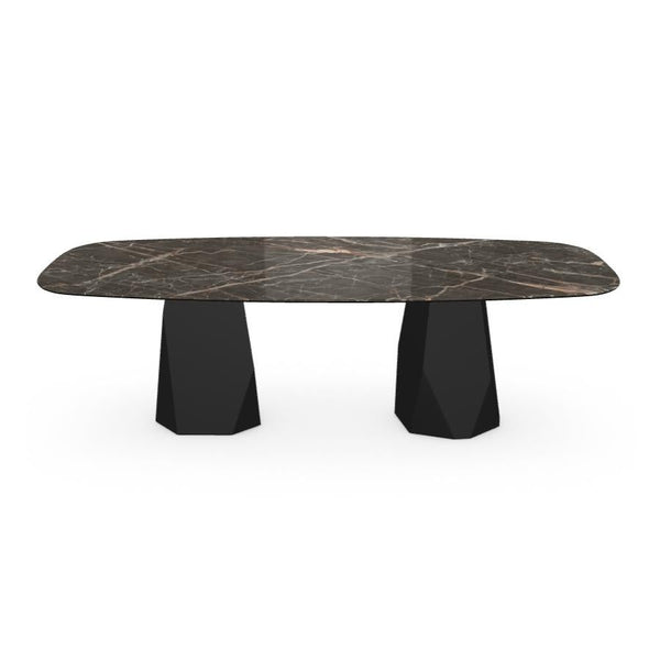Menhir Two Bases, Dining Table with Emperador Ceramic Top on Black Metal Base